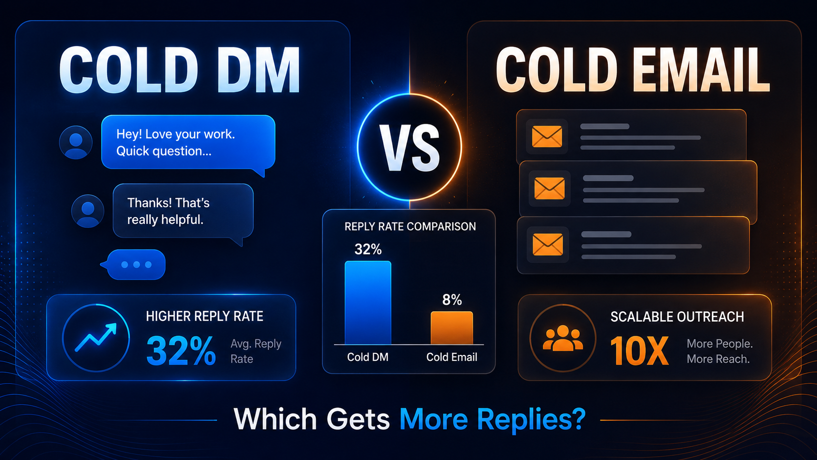 Cold DM vs cold email comparison dashboard